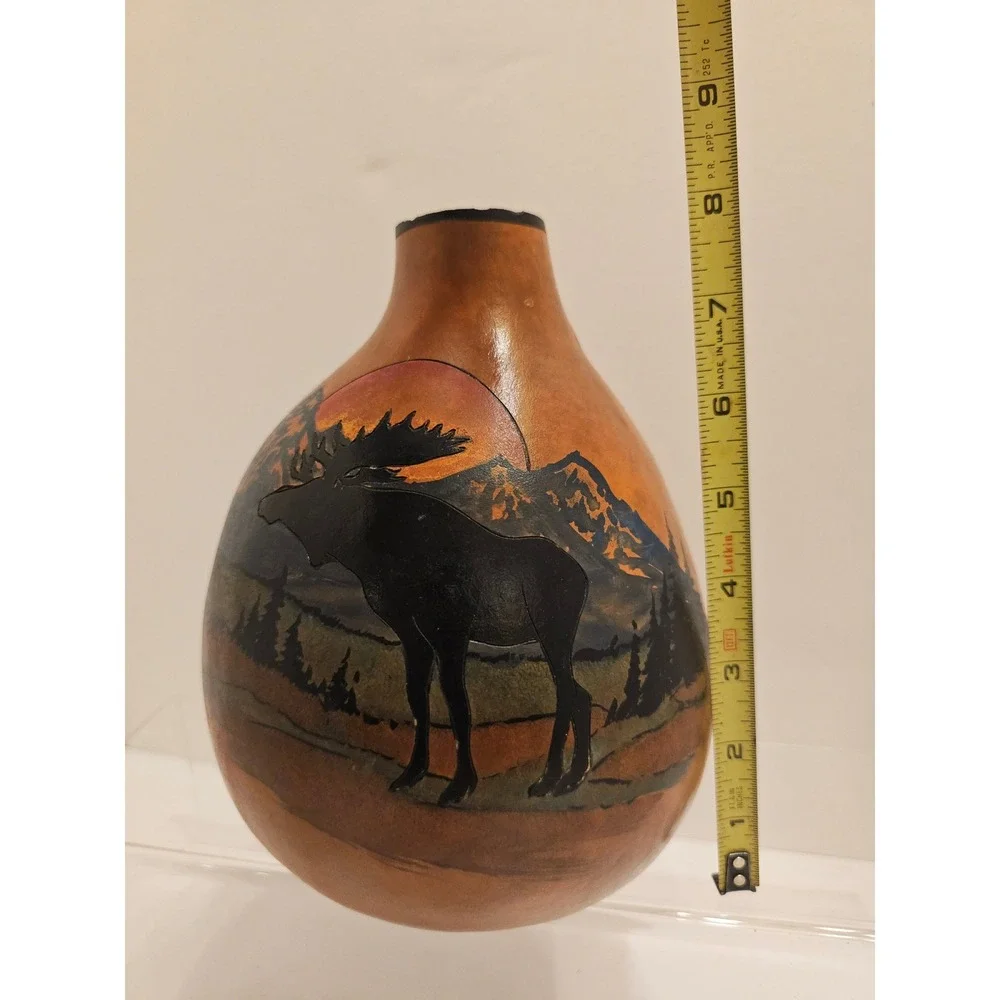 Stone Heat Studios Hand Painted‎ Gourd Art Moose Mountain Sunset Rustic Decor